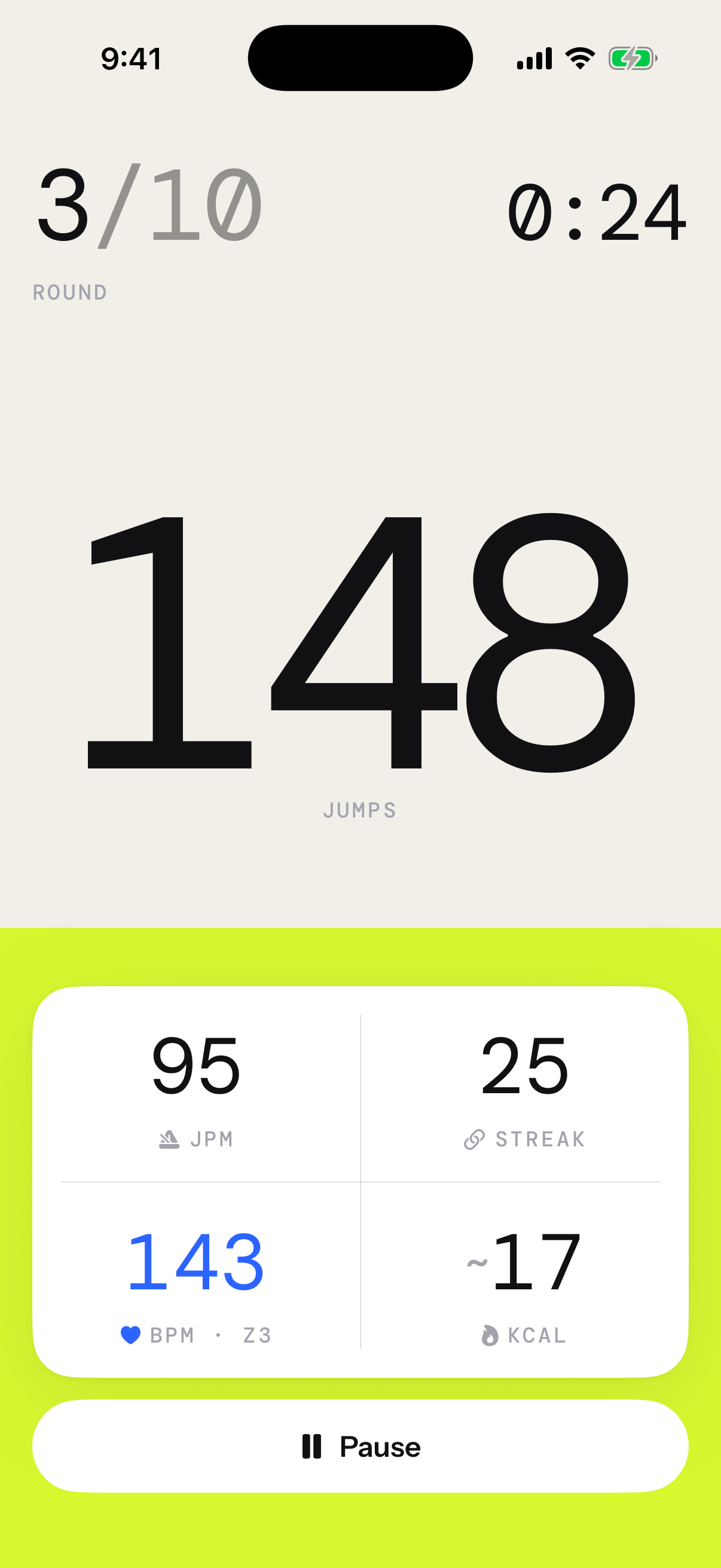 Jump Rope Protocol active workout showing 148 jumps, cadence, an unbroken streak, and heart rate